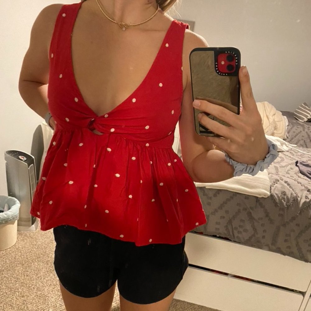 Red and White Peplum Deep V Top